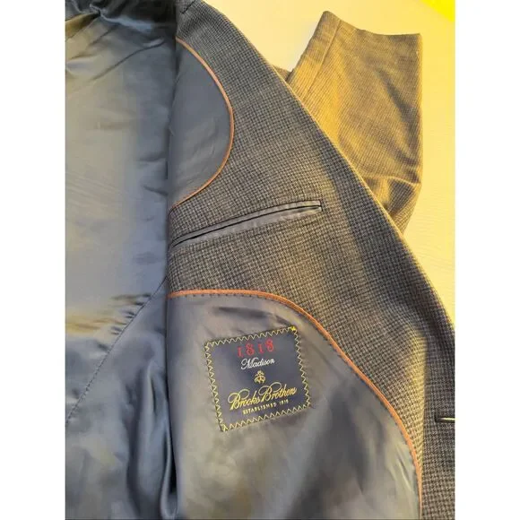 Brooks Brothers 1818 Madison Navy Blue Plaid Gingham Wool Blazer Size 42L